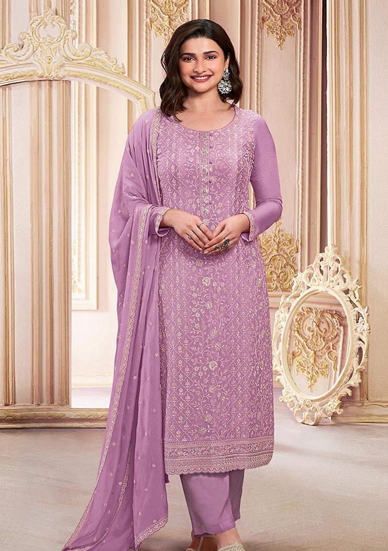 Pink Embroidered Georgette Salwar Kameez With Dupatta - Indya