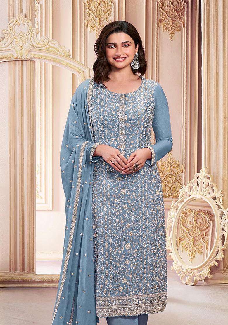 Grey Embroidered Georgette Salwar Kameez With Dupatta - Indya