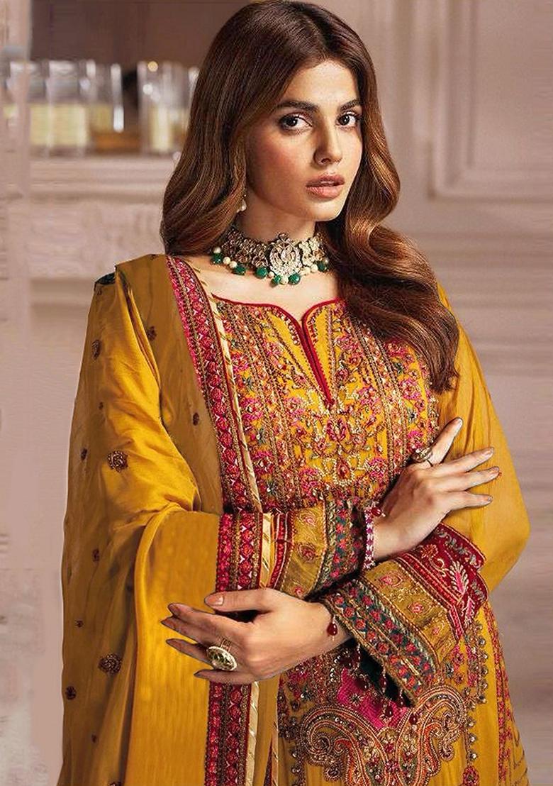 Red Embroidered Georgette Salwar Kameez With Dupatta - Indya