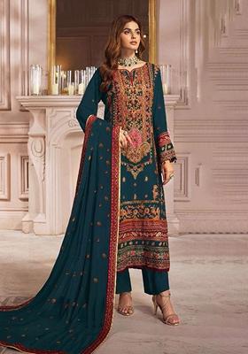 Blue Embroidered Georgette Salwar Kameez With Dupatta