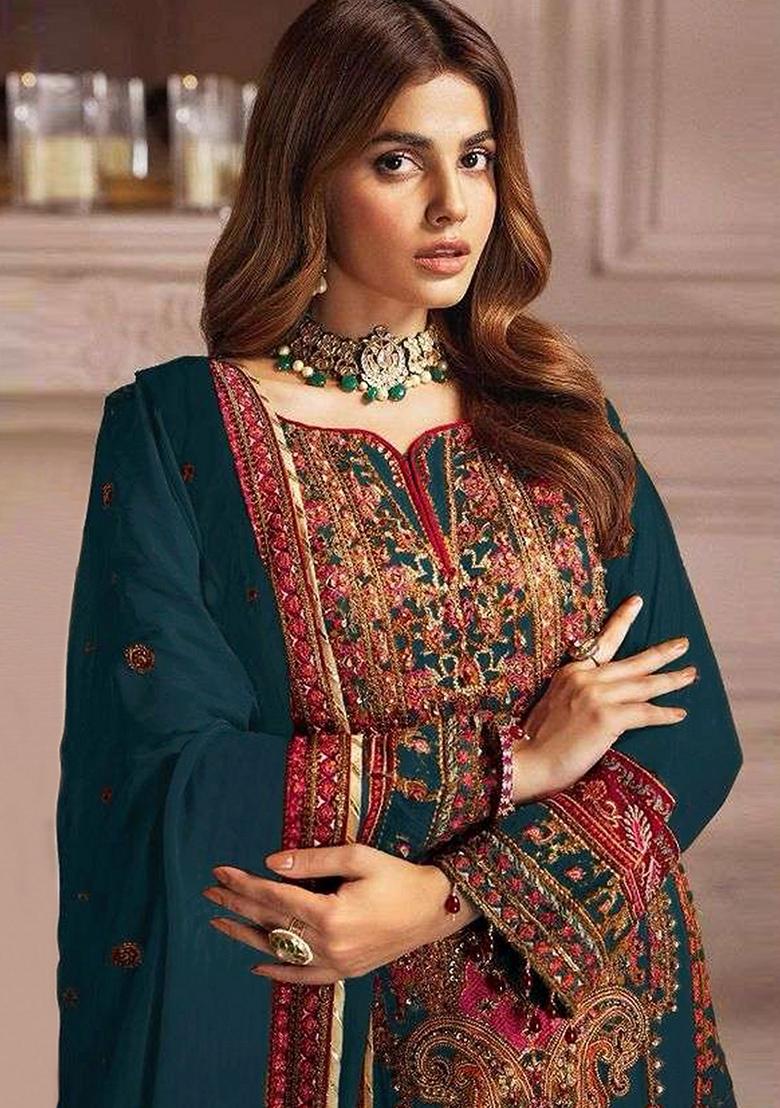 Blue Embroidered Georgette Salwar Kameez With Dupatta - Indya