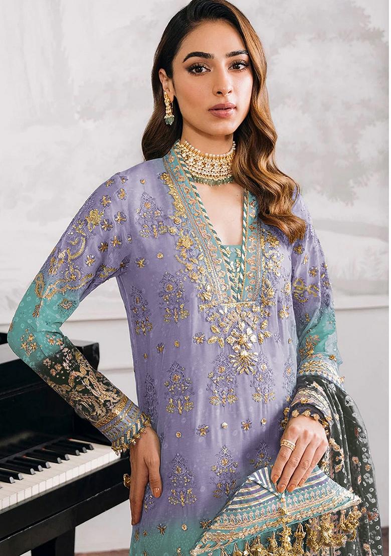 Purple Embroidered Georgette Salwar Kameez With Dupatta - Indya