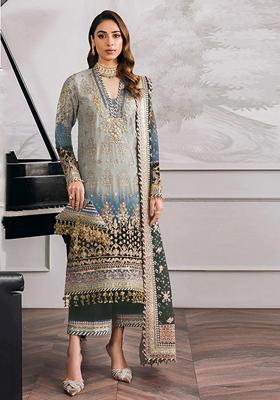 Grey Embroidered Georgette Salwar Kameez With Dupatta