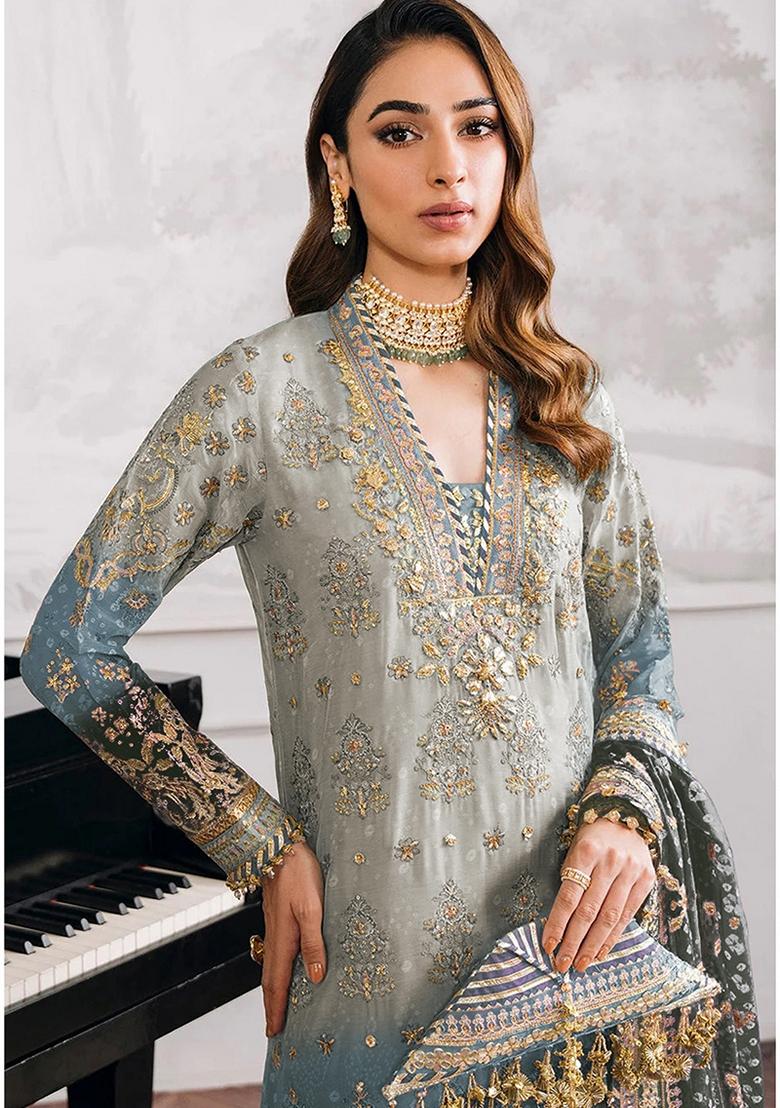 Grey Embroidered Georgette Salwar Kameez With Dupatta - Indya