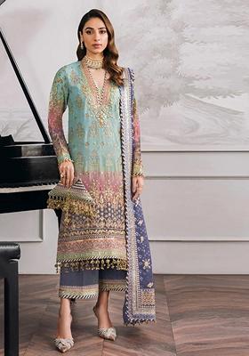 Blue Embroidered Georgette Salwar Kameez With Dupatta