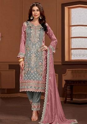 Grey Embroidered Silk Salwar Kameez With Dupatta