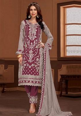 Maroon Embroidered Silk Salwar Kameez With Dupatta