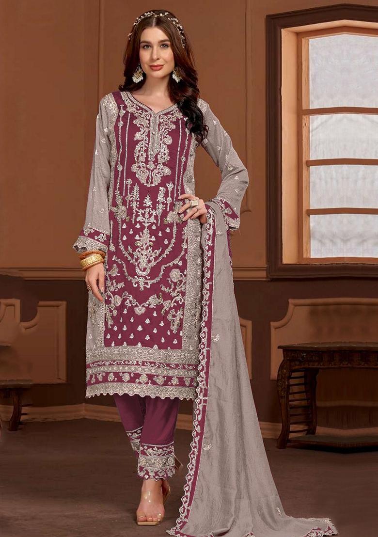Maroon Embroidered Silk Salwar Kameez With Dupatta - Indya