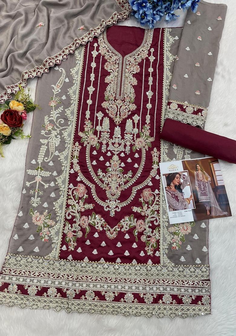 Maroon Embroidered Silk Salwar Kameez With Dupatta - Indya