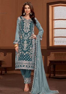 Blue Embroidered Silk Salwar Kameez With Dupatta