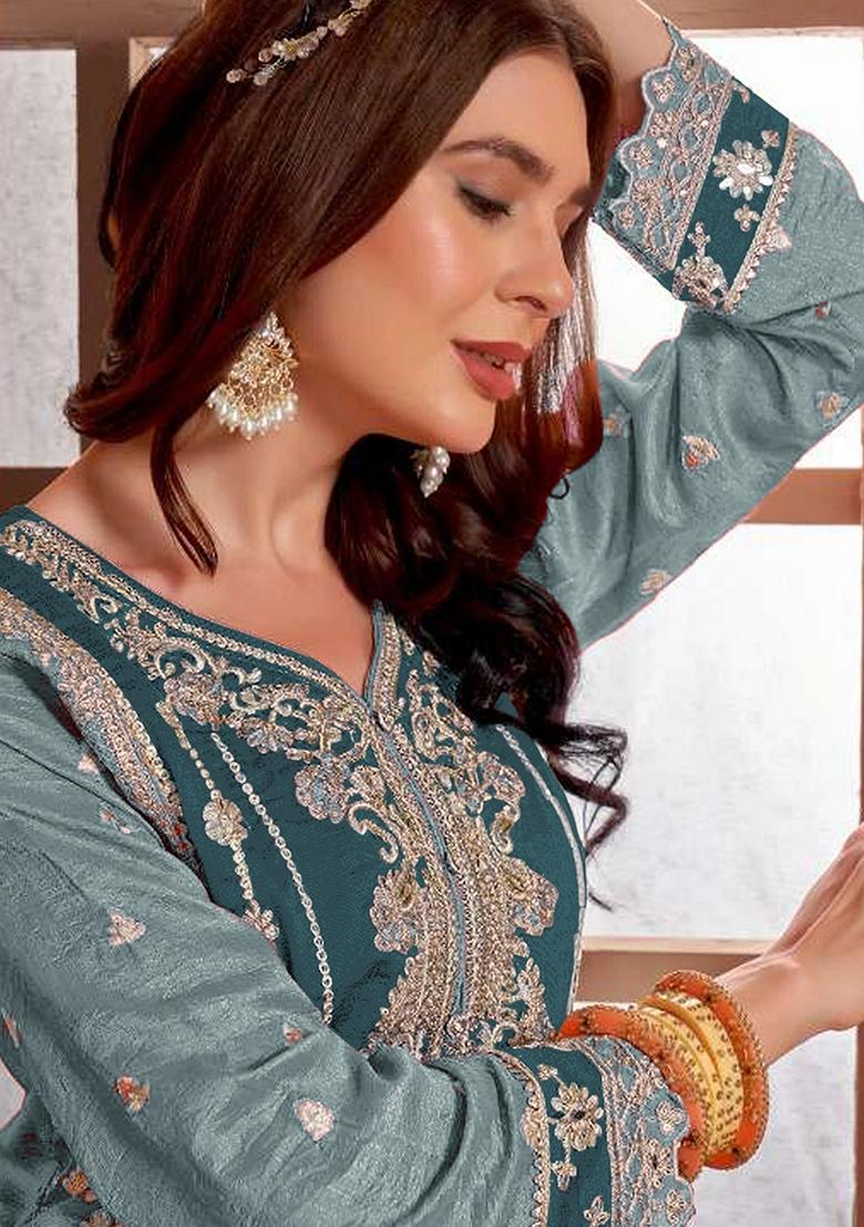 Blue Embroidered Silk Salwar Kameez With Dupatta - Indya