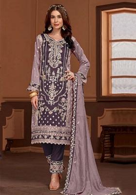 Purple Embroidered Silk Salwar Kameez With Dupatta
