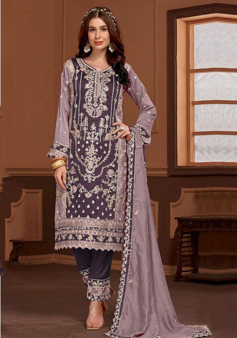 Purple Embroidered Silk Salwar Kameez With Dupatta - Indya