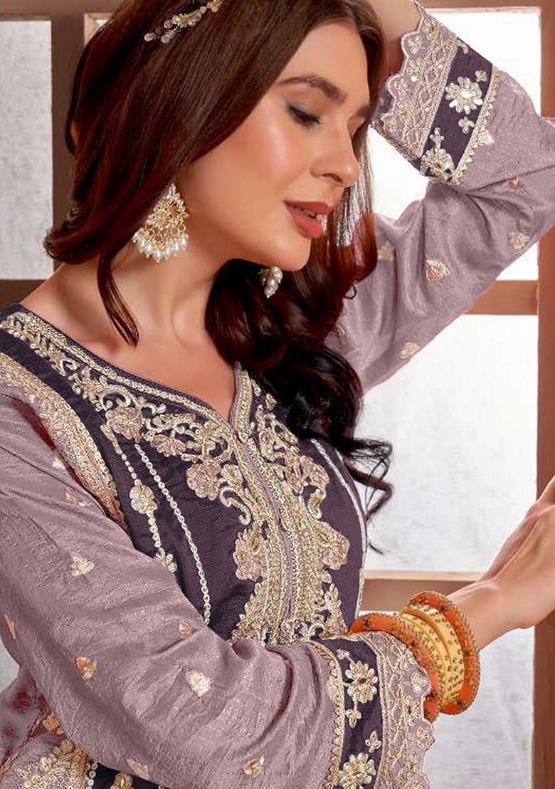 Purple Embroidered Silk Salwar Kameez With Dupatta - Indya