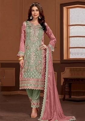 Green Embroidered Silk Salwar Kameez With Dupatta