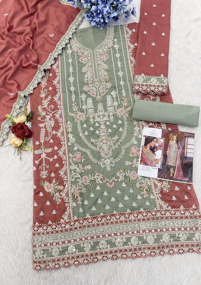 Green Embroidered Silk Salwar Kameez With Dupatta - Indya