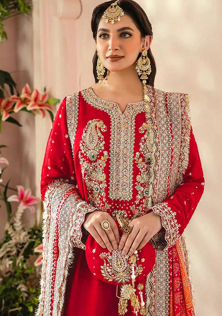 Red Embroidered Georgette Salwar Kameez With Dupatta - Indya
