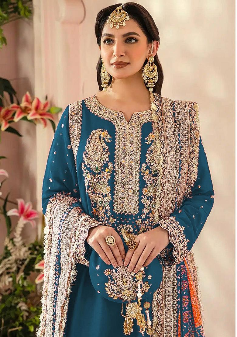 Blue Embroidered Georgette Salwar Kameez With Dupatta - Indya