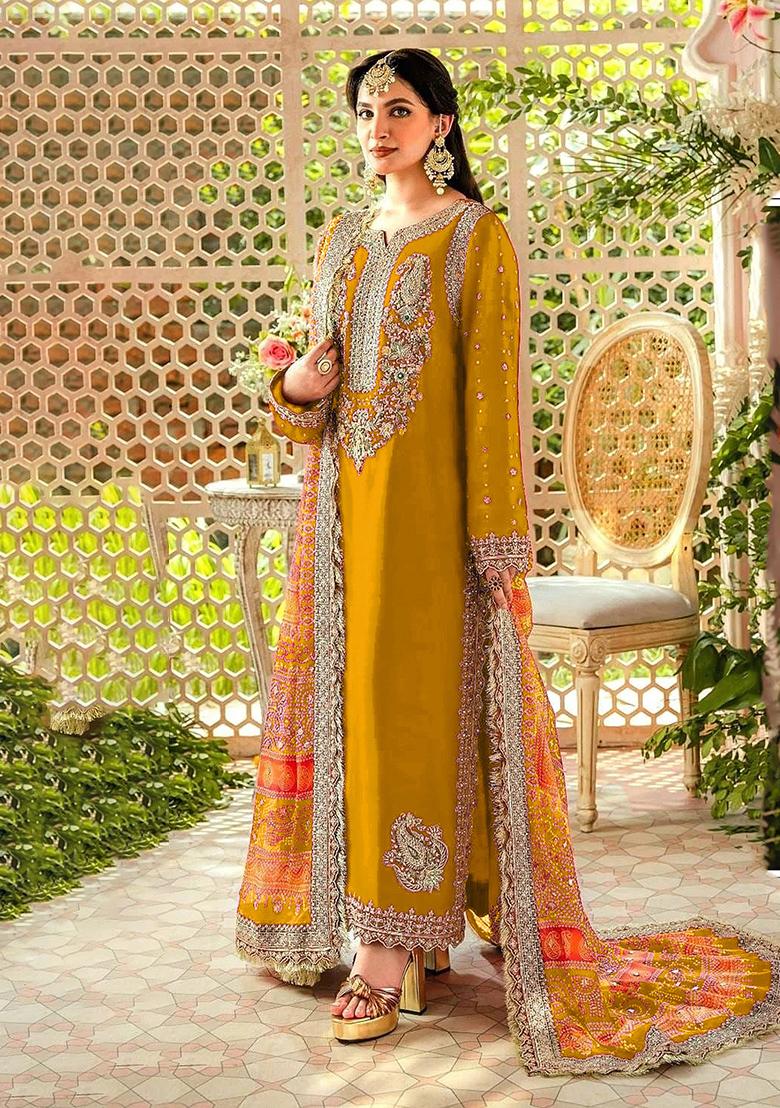 Red Embroidered Georgette Salwar Kameez With Dupatta - Indya