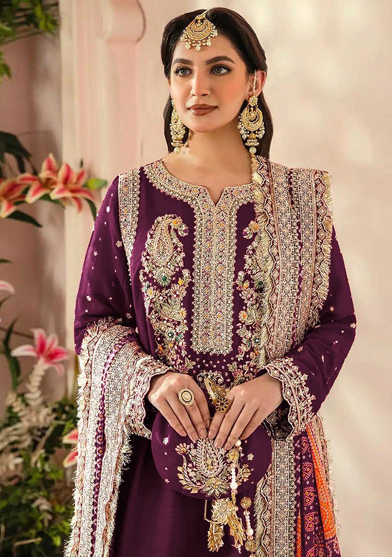 Purple Embroidered Georgette Salwar Kameez With Dupatta - Indya