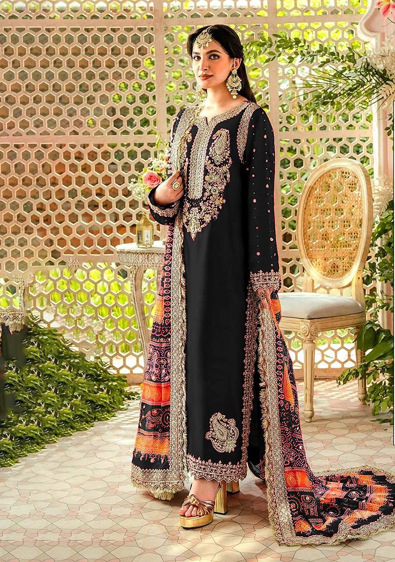 Black Embroidered Georgette Salwar Kameez With Dupatta - Indya