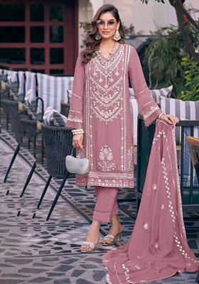 Pink Embroidered Georgette Salwar Kameez With Dupatta