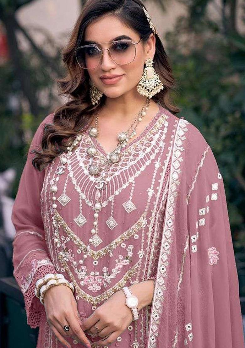 Pink Embroidered Georgette Salwar Kameez With Dupatta - Indya