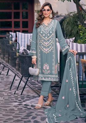 Blue Embroidered Georgette Salwar Kameez With Dupatta