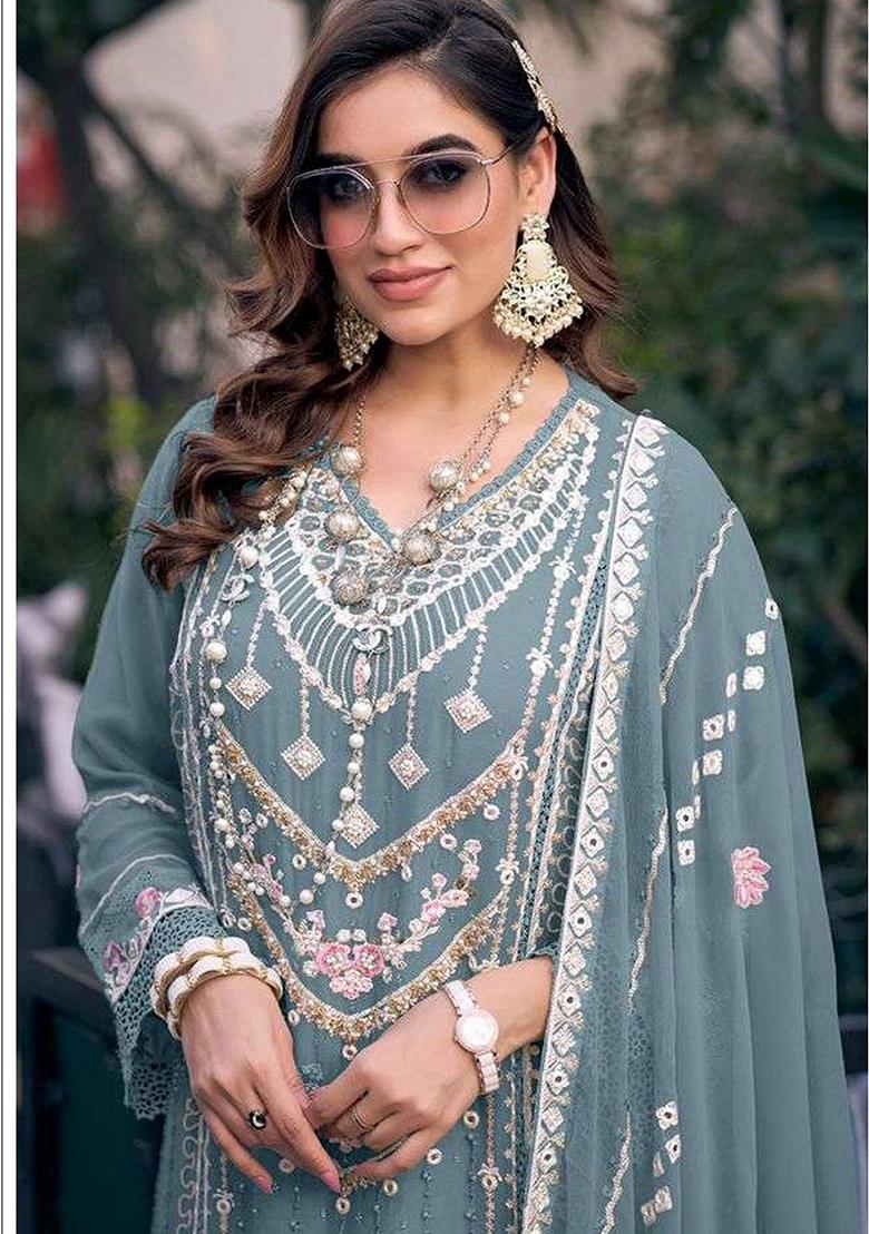 Blue Embroidered Georgette Salwar Kameez With Dupatta - Indya