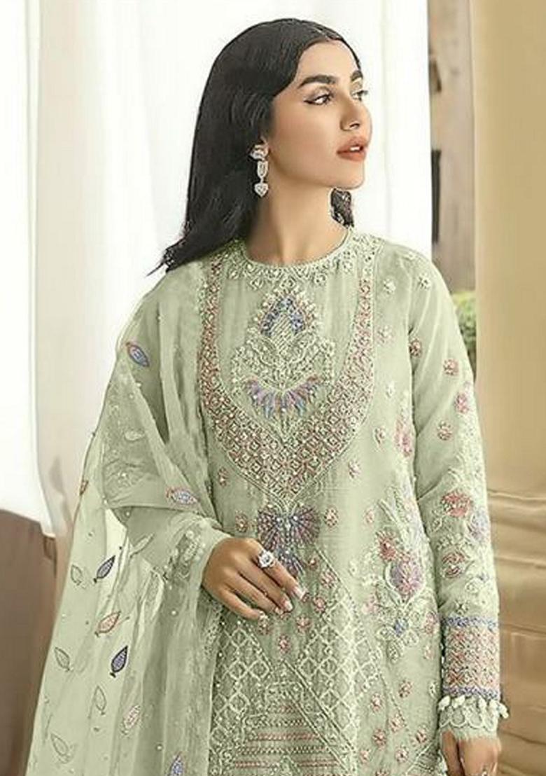 Green Embroidered Georgette Salwar Kameez With Dupatta - Indya