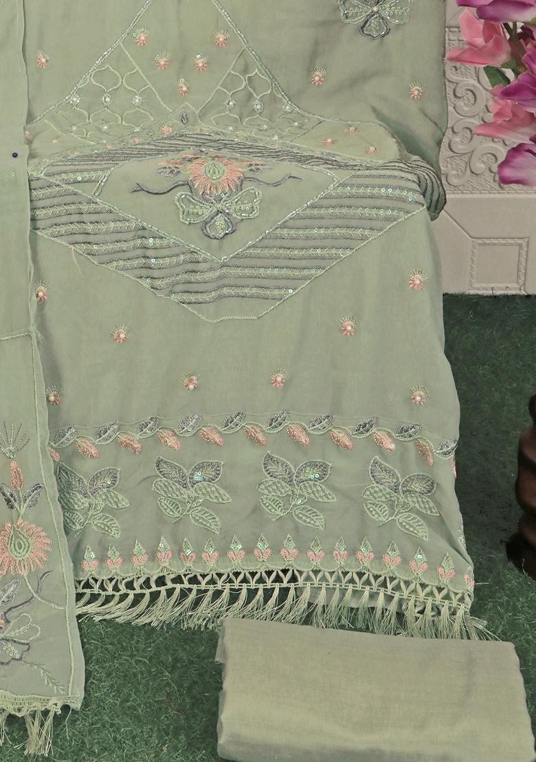 Green Embroidered Georgette Salwar Kameez With Dupatta - Indya