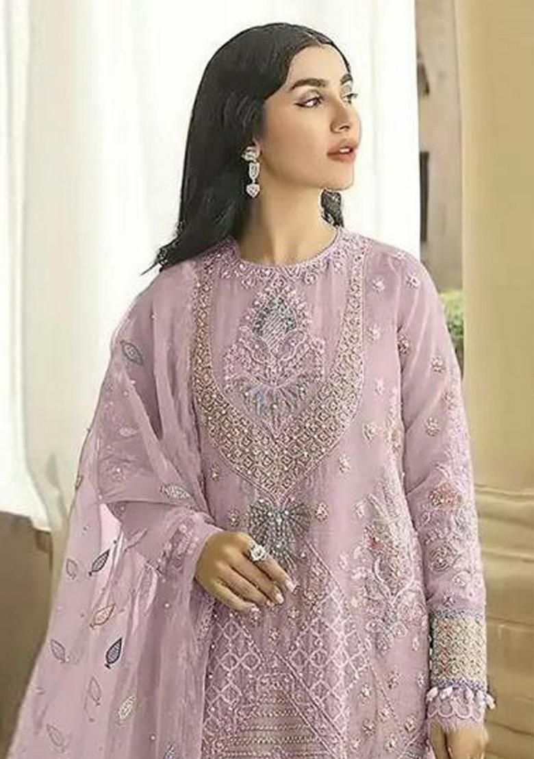 Purple Embroidered Georgette Salwar Kameez With Dupatta - Indya