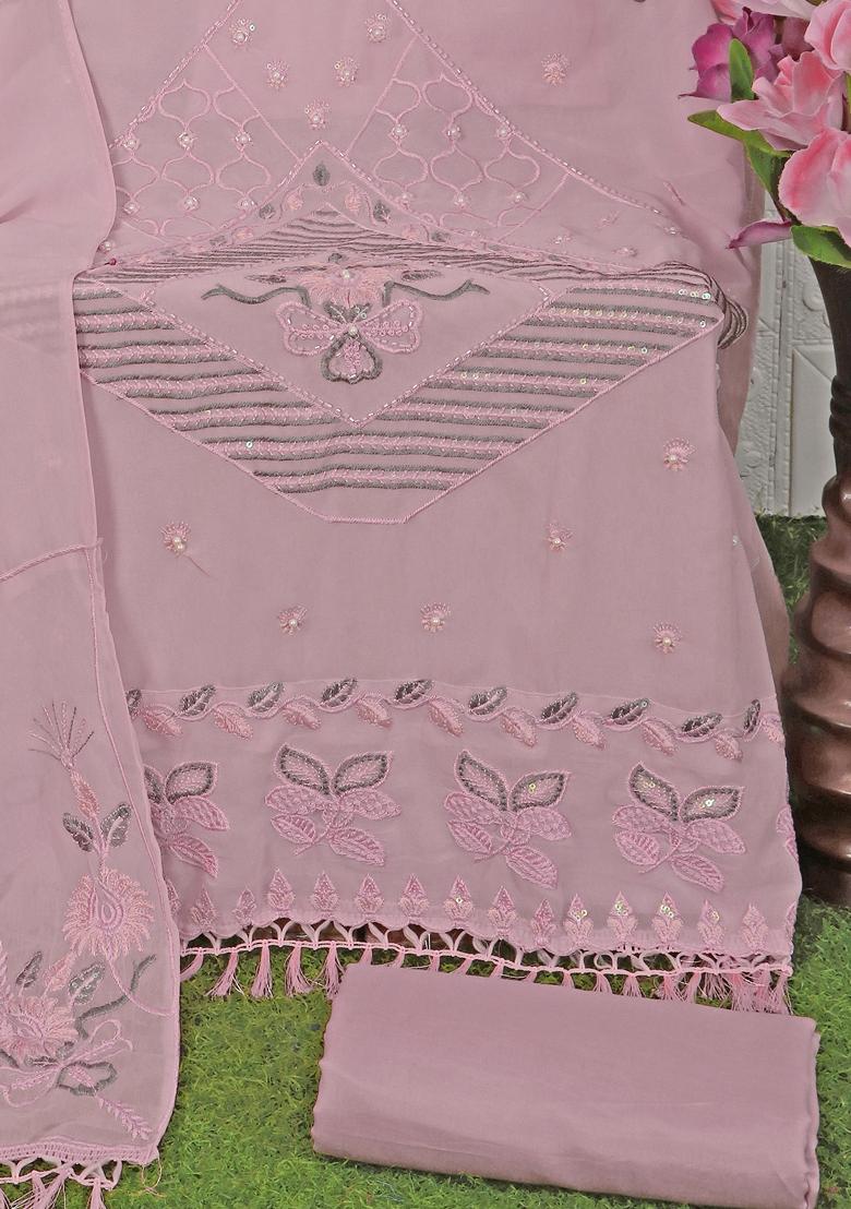 Purple Embroidered Georgette Salwar Kameez With Dupatta - Indya