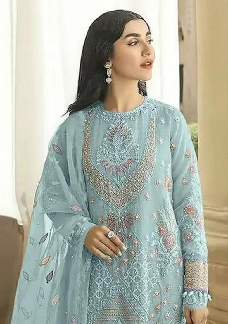 Blue Embroidered Georgette Salwar Kameez With Dupatta - Indya