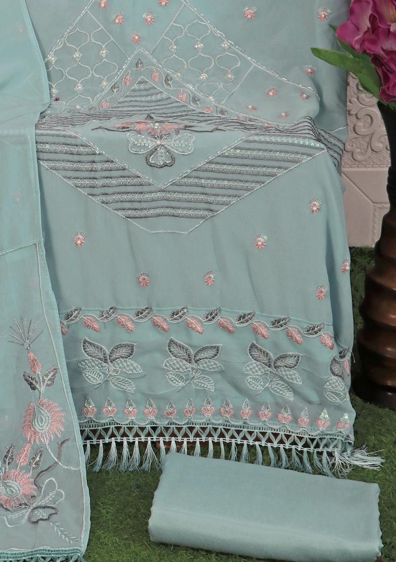 Blue Embroidered Georgette Salwar Kameez With Dupatta - Indya