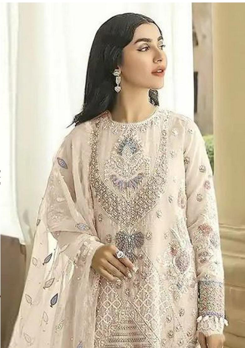 White Embroidered Georgette Salwar Kameez With Dupatta - Indya