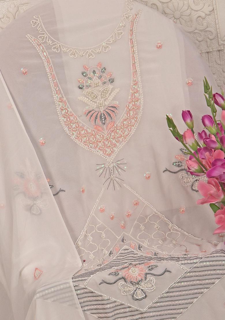 White Embroidered Georgette Salwar Kameez With Dupatta - Indya