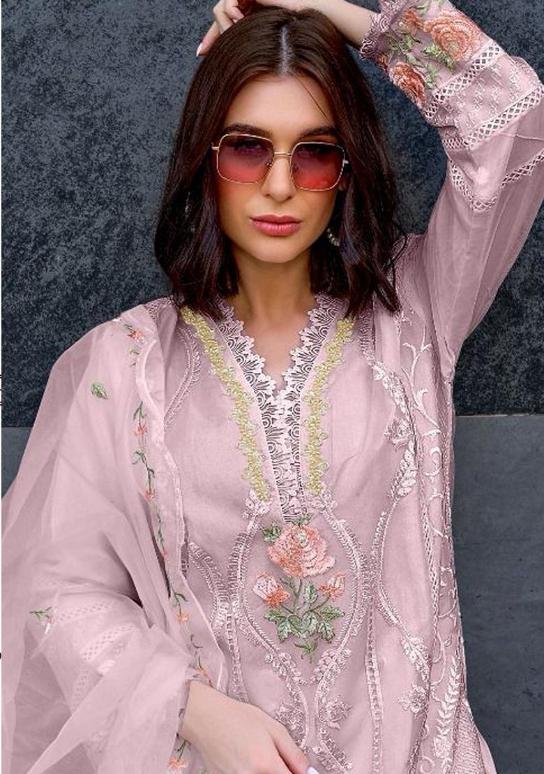 Pink Embroidered Organza Salwar Kameez With Dupatta - Indya