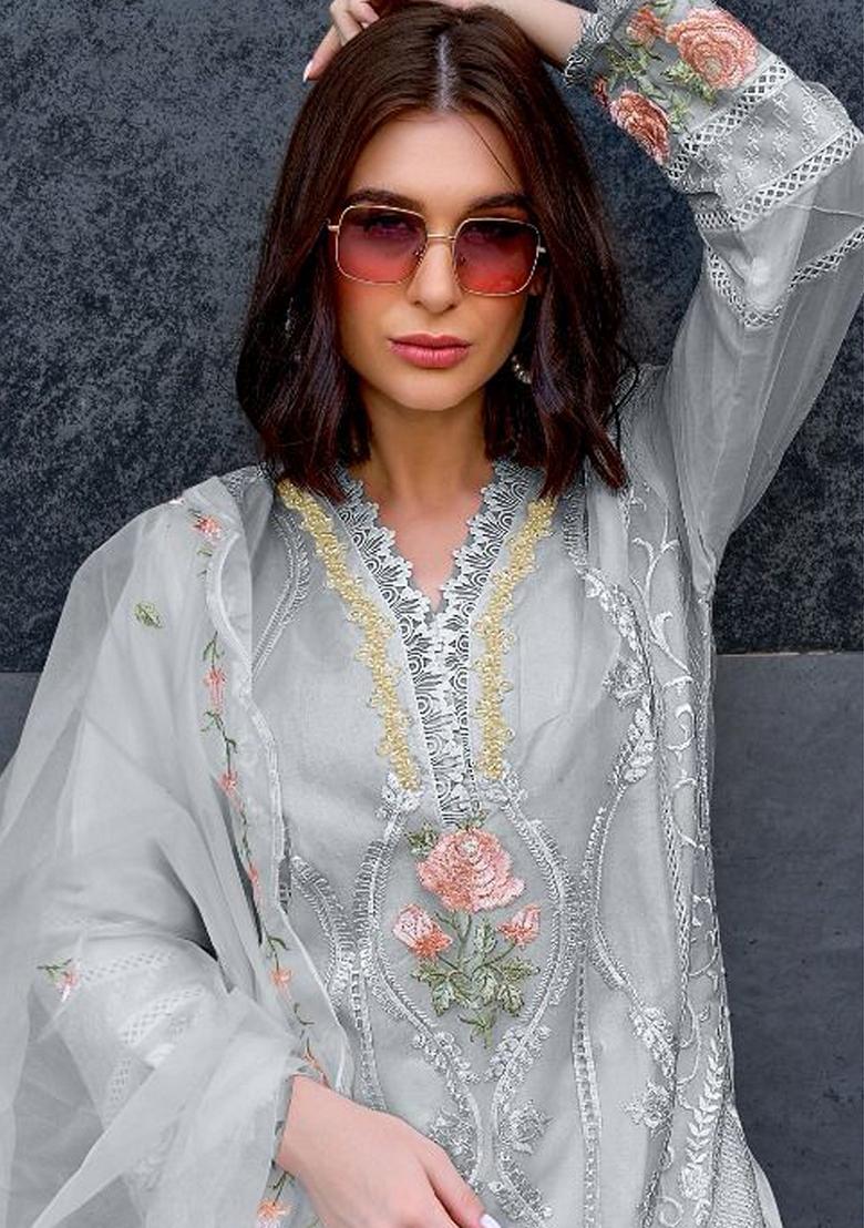 Grey Embroidered Organza Salwar Kameez With Dupatta - Indya