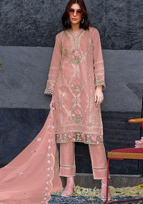 Peach Embroidered Organza Salwar Kameez With Dupatta