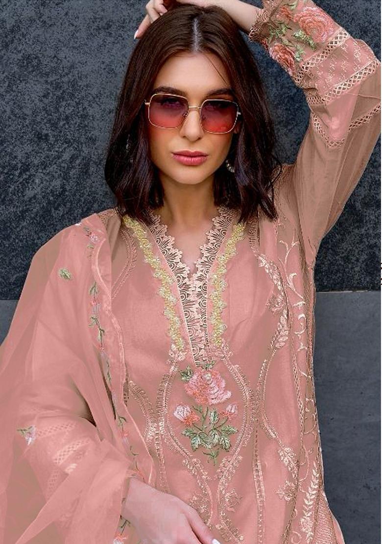 Peach Embroidered Organza Salwar Kameez With Dupatta - Indya