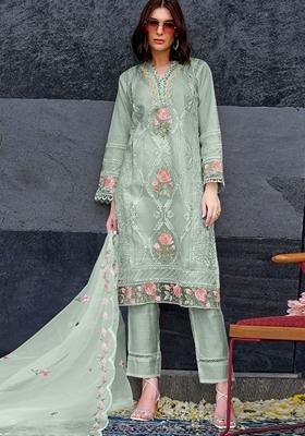 Green Embroidered Organza Salwar Kameez With Dupatta
