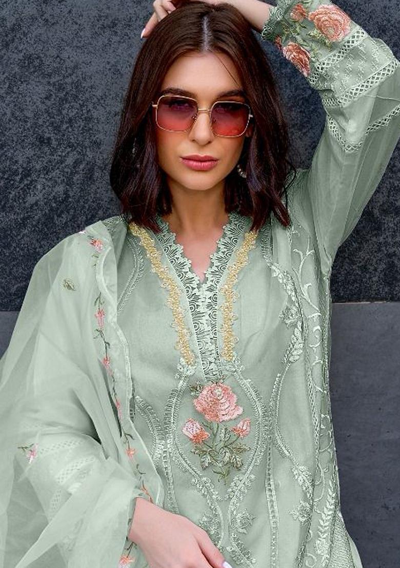 Green Embroidered Organza Salwar Kameez With Dupatta - Indya