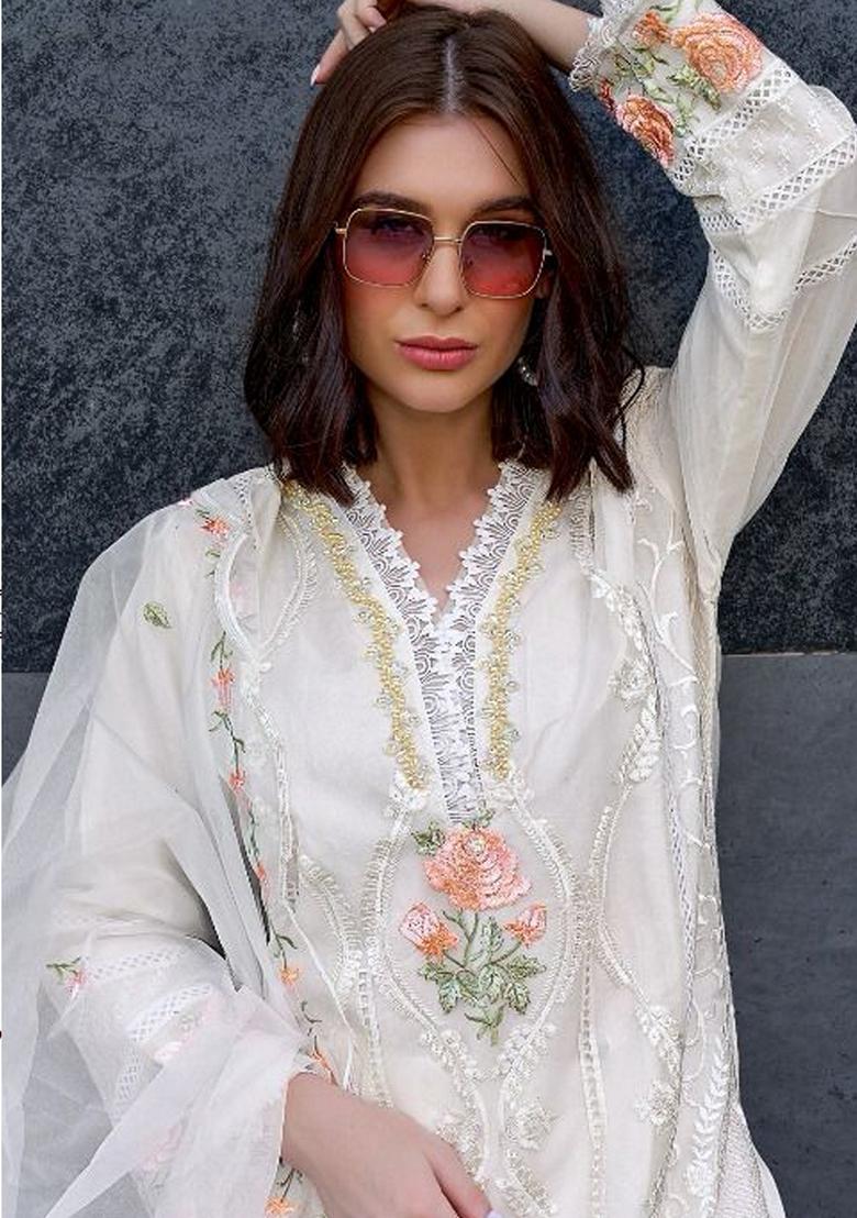 White Embroidered Organza Salwar Kameez With Dupatta - Indya