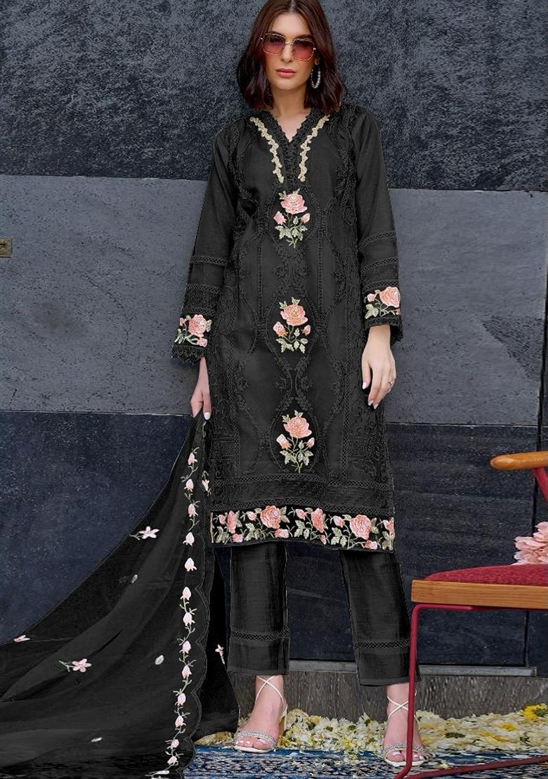Black Embroidered Organza Salwar Kameez With Dupatta - Indya