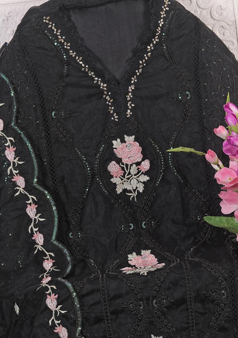 Black Embroidered Organza Salwar Kameez With Dupatta - Indya