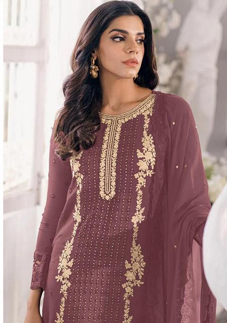 Red Embroidered Georgette Salwar Kameez With Dupatta - Indya