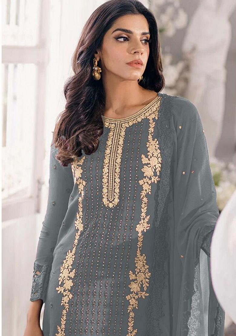 Grey Embroidered Georgette Salwar Kameez With Dupatta - Indya