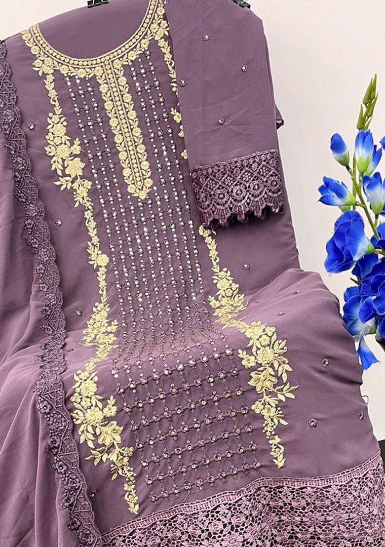 Purple Embroidered Georgette Salwar Kameez With Dupatta - Indya