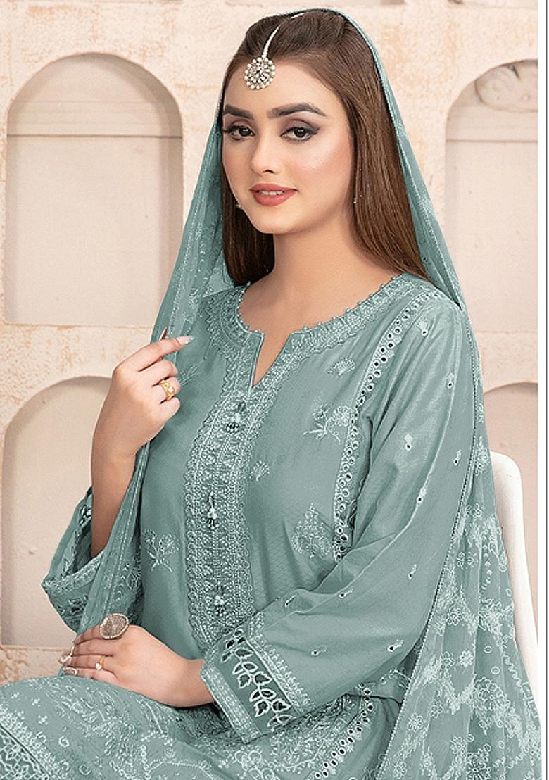 Blue Embroidered Georgette Salwar Kameez With Dupatta - Indya